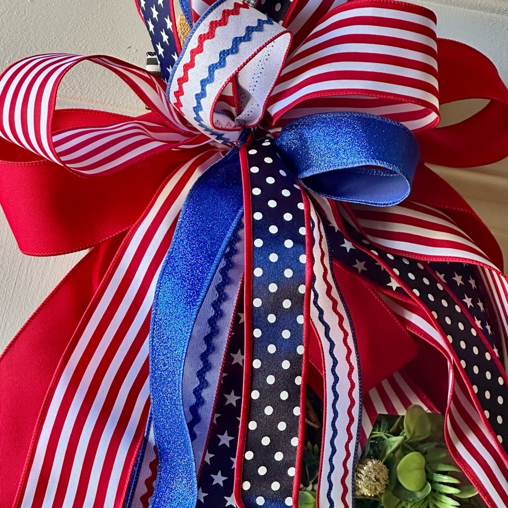 Patriotic Red, White, and Blue Holiday Bow; Custom Handmade Bow